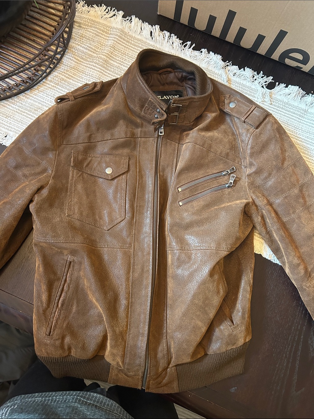 Men's Brown Leather Bomber Jacket with Zip Chest Pockets